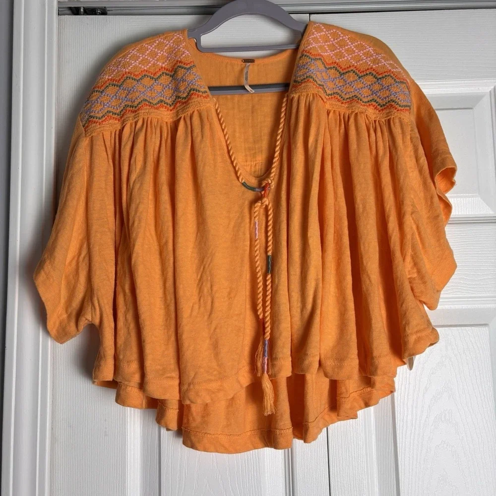 Free People Top Embroidered Tie Neck Carrot Ginger S‎ Flowy Boho Peasant